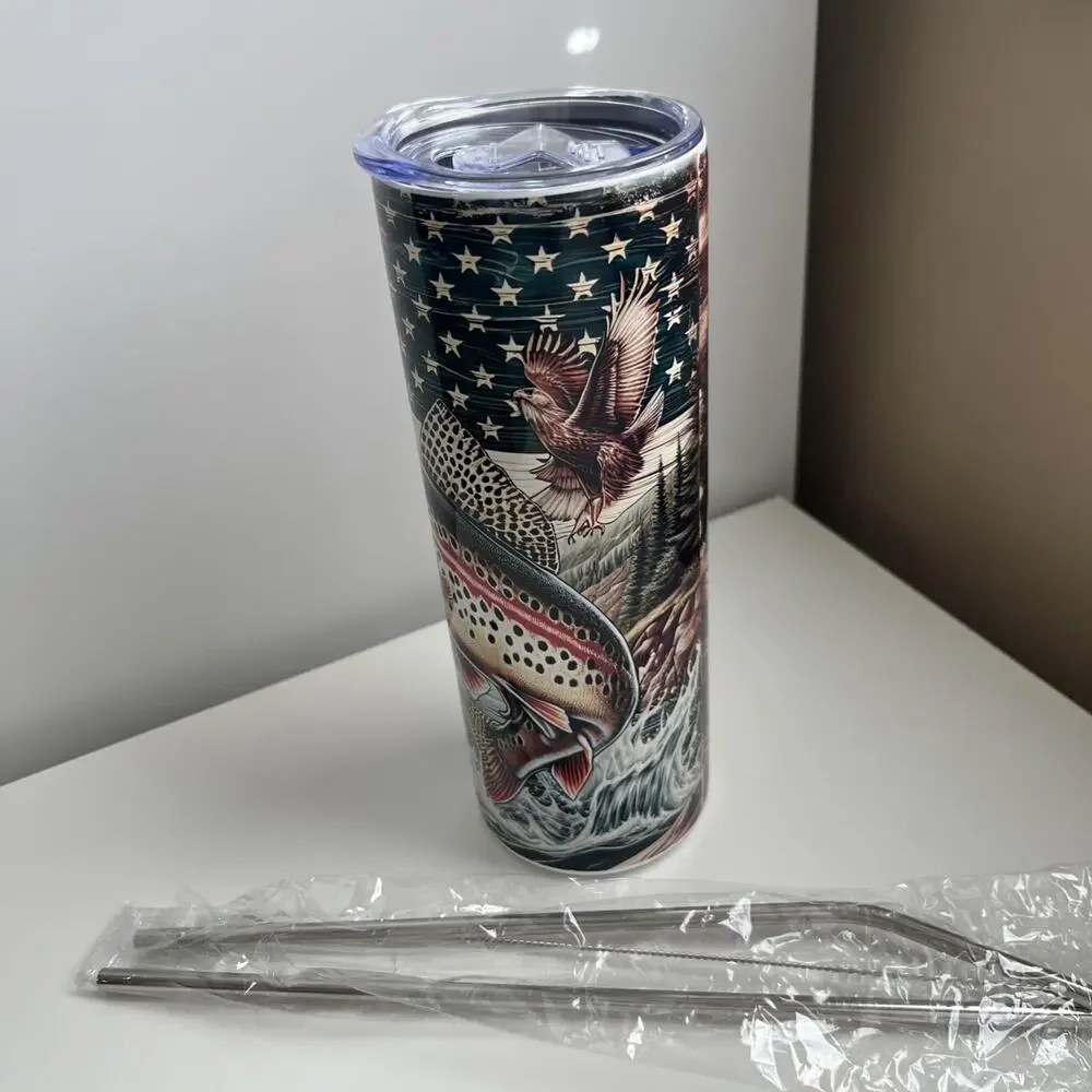 Custom Printed 20oz Tumbler Hunting Fishing Design Lid Straws And Straw Cleaner